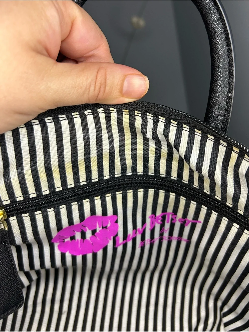 Luv Betsey Johnson Striped Black Pink Satchel Tote Panda Pom Charm